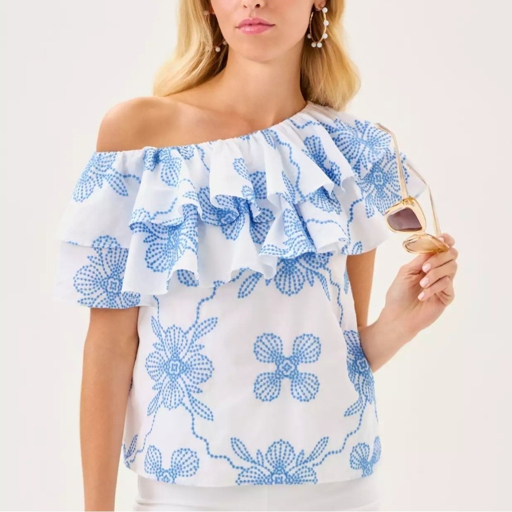 Lilly Pulitzer Women's Top XXS Cotton Trixie One Shoulder Embroidered NWT $158